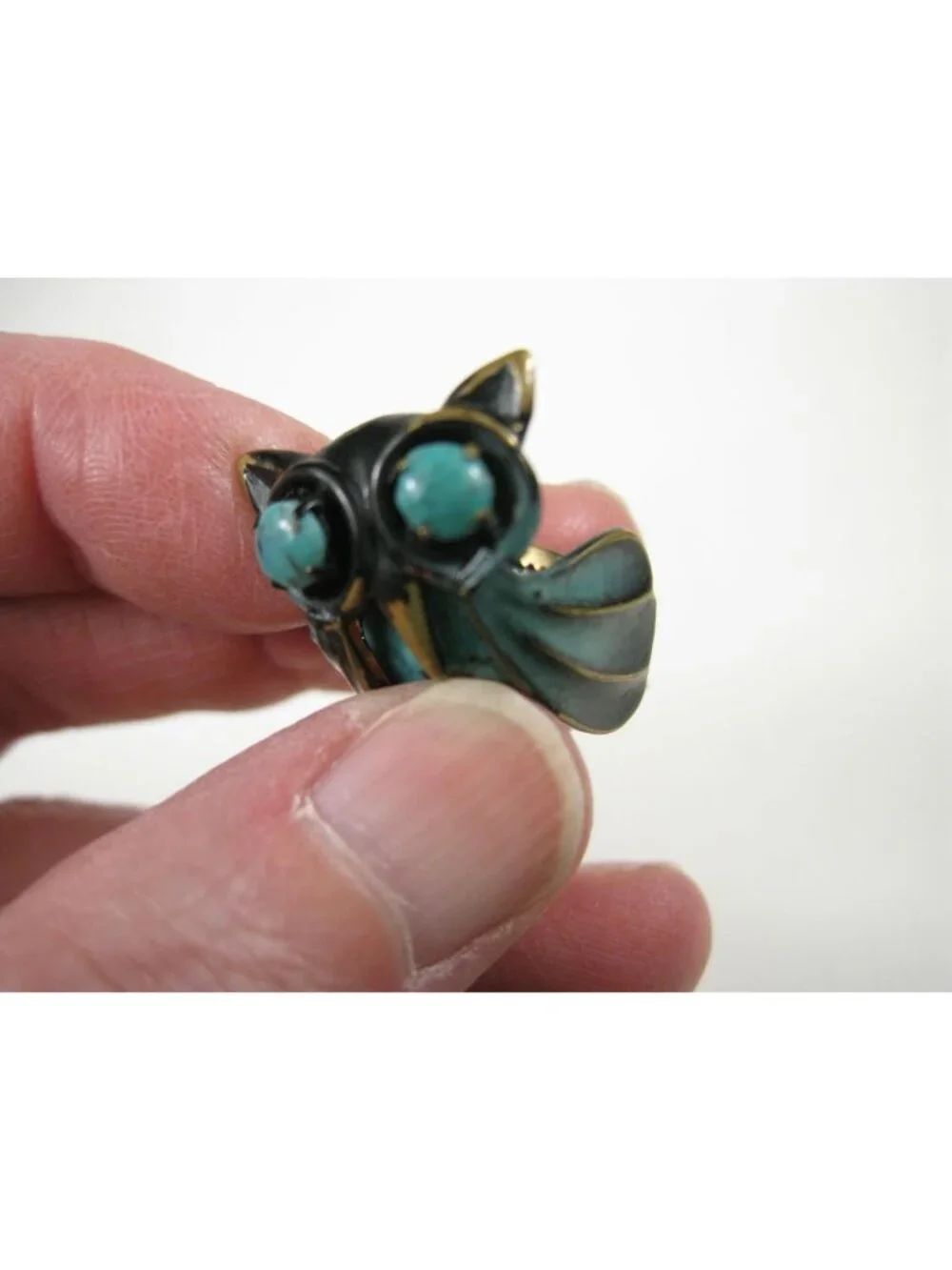 Vintage Turquoise Cabochon Enamel Owl Pin Brooch Germany Gold Tone 1 in 1960s